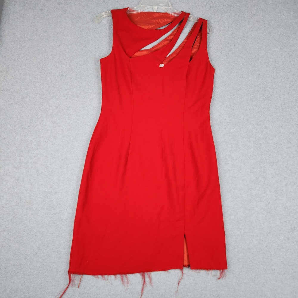 Tiffany Designs Sheath Dress Women's‎ 8 Red Asymmetrical Slash Neck Frayed Hem